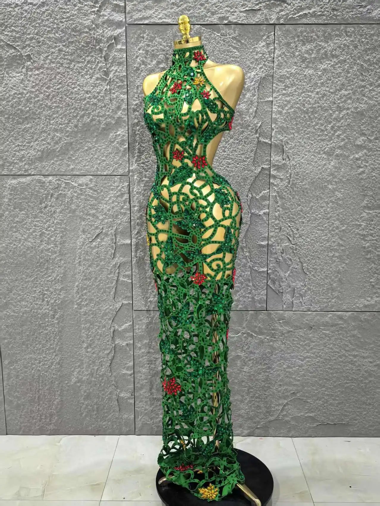 Women Sleeveless Sexy Hollow Out Shinning Rhinestones Bodycon Long Dress Backless Celebrate Nightclub Party Celebrity Stage Wear green