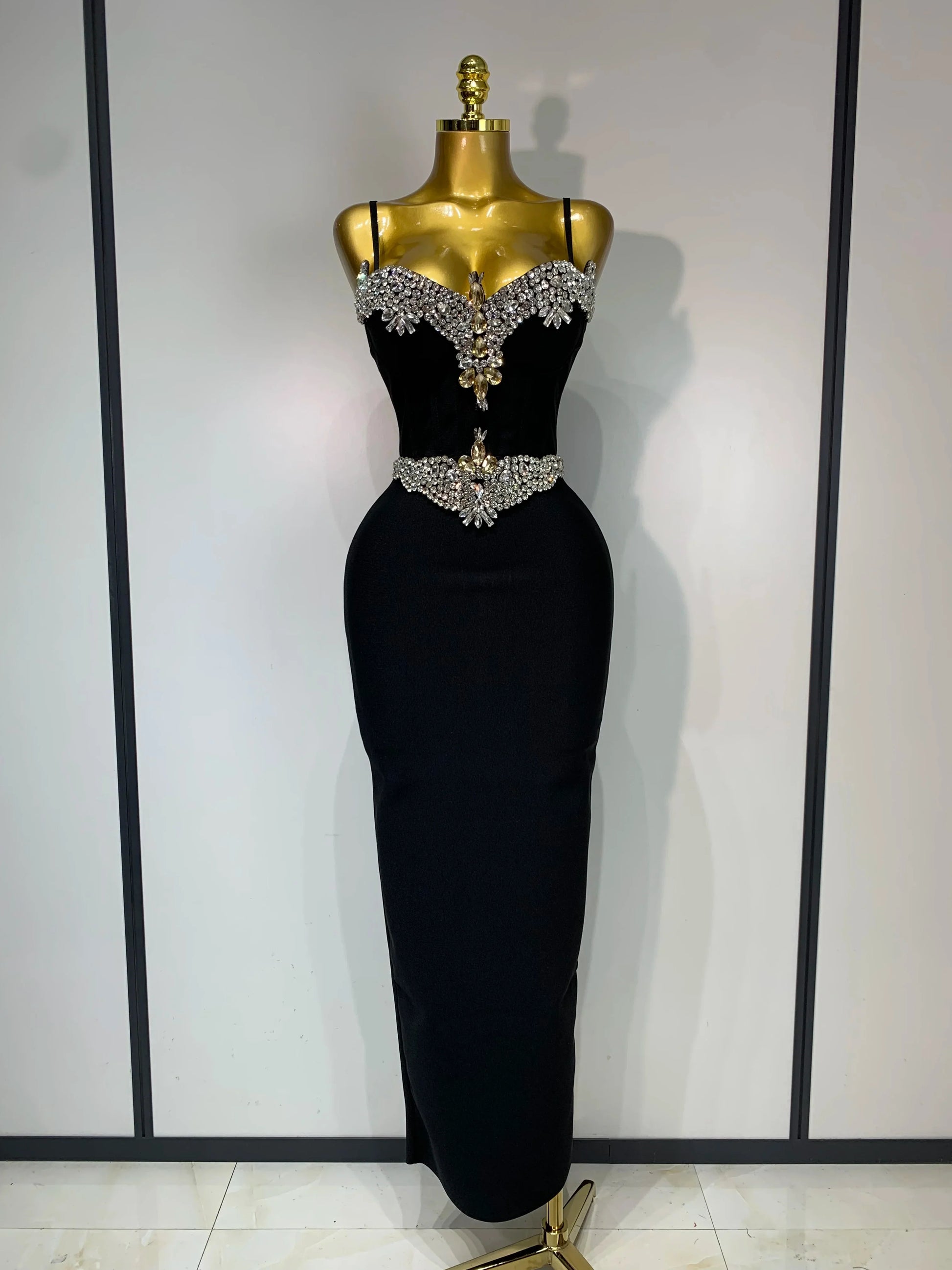 Women Bodycon Bandage Dress Wedding Sexy Backless Luxury Rhinestone Clothes Nightclub Evning Party Birthday Maxi Long Dresses black