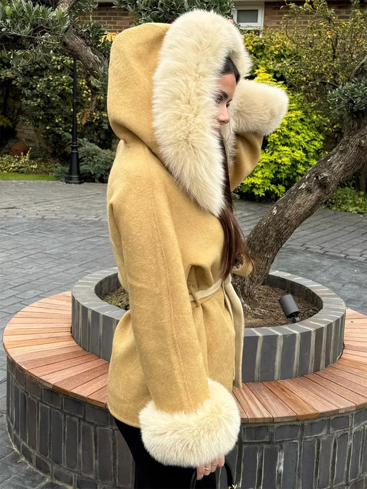 Women's Winter Coats Faux Fur Collar Hooded With Belt Woolen Jacket New Female Long Sleeve Lace Up Autumn Jackets New Outerwears