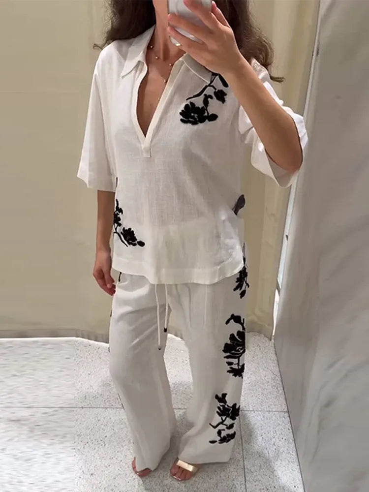 Elegant Embroidery Slim Women 2 Pcs Suits V-neck Short Sleeves Tops Drawstring Lace Up Wide Leg Pants Fashion Ladies Outfits New