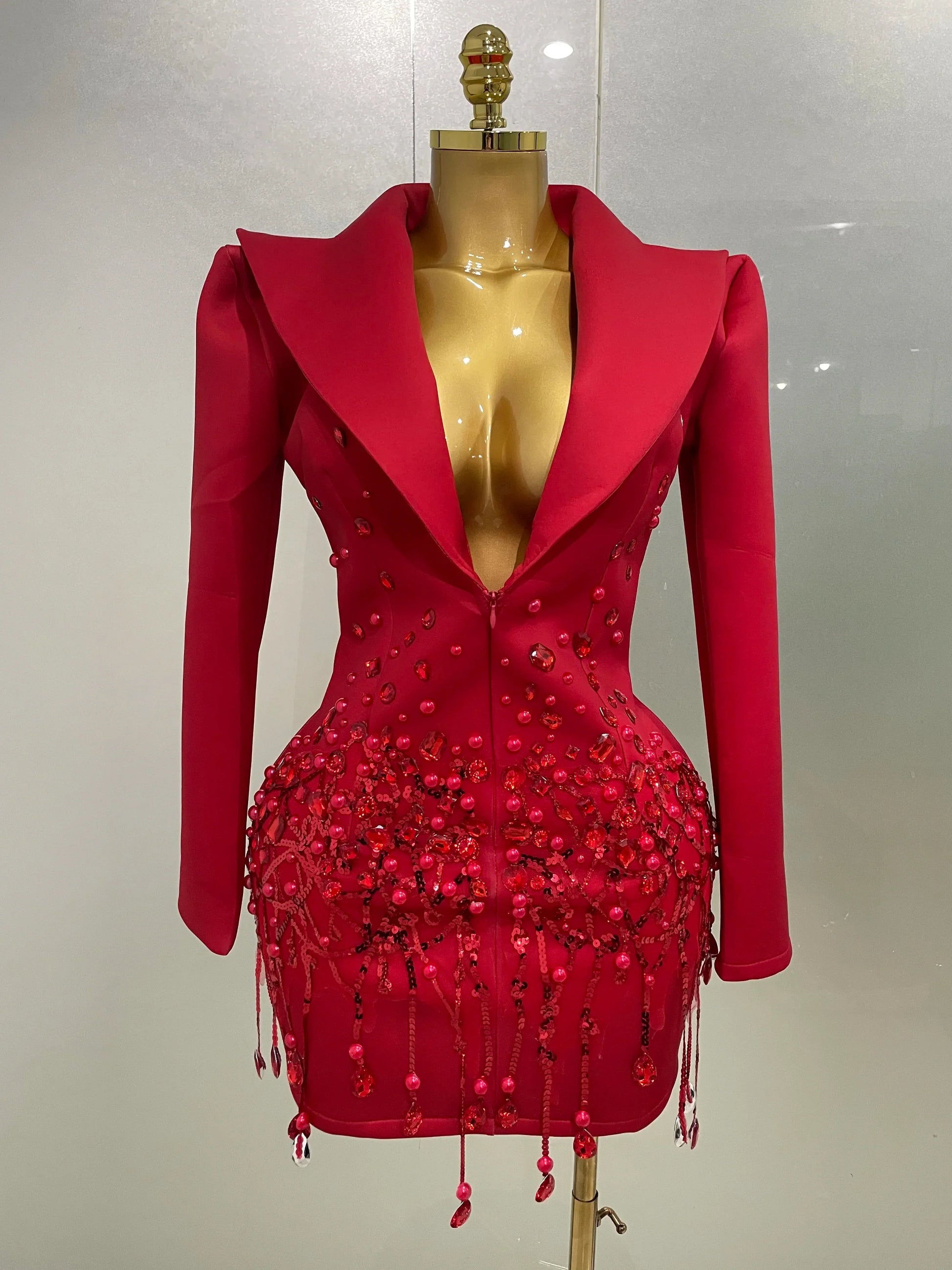 Sparkly Crystal Chains Pearls Long Sleeve Mini Dress Women Birthday Evening Party Nightclub Outfit Singer Wedding Costume Red