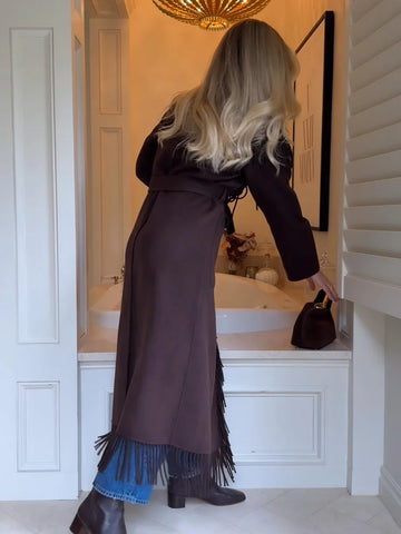 Women's Long Coats Lapel Tassel Lace Up Bomber Jacket Luxury Female Full Sleeve Waist Cinching Autumn Winter Coat New Outerwears