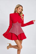 New Arrival Black Red Women Long Sleeve Shinning Rhinestones A-Line Mini Dress Christmas Nightclub Party Celebrate Dress Red