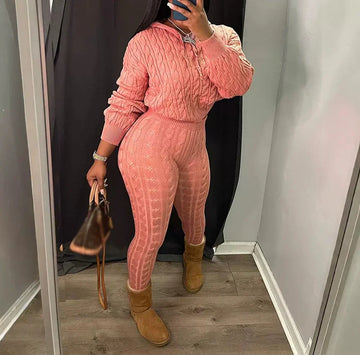 2 Piece Sets Womens Outfits Fashion Long Sleeve Cable Knit Hooded Sweater & Pants Suit Streetwear 2024 Autumn Winter Casual New