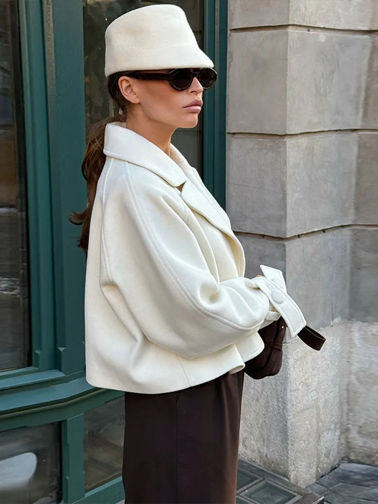 Short Woolen Jacket With Shoulder Sleeves Women Elegant Turn-down Collar Long Sleeve Coats New Fashion Autumn Winter Ladies Tops