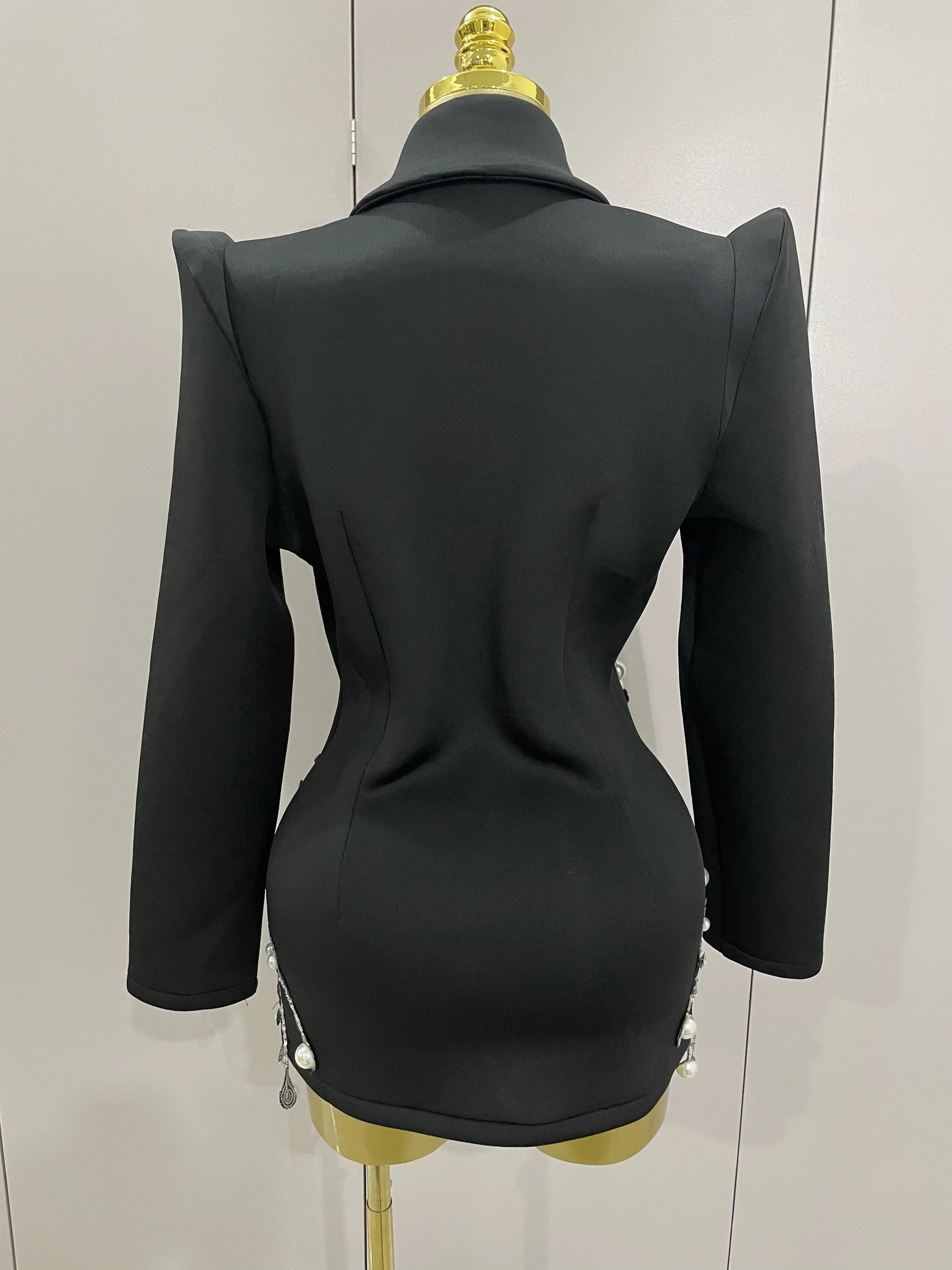 Sparkly Crystal Chains Pearls Long Sleeve Mini Dress Women Birthday Evening Party Nightclub Outfit Singer Wedding Costume