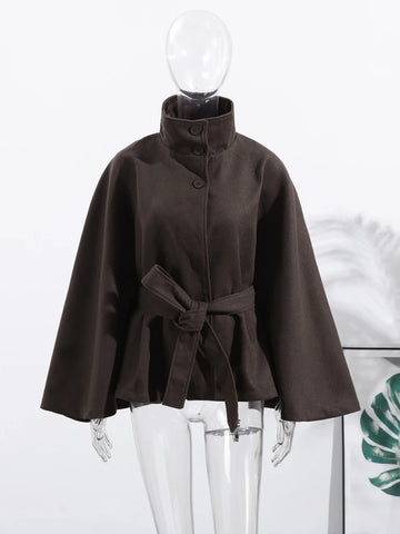 Stand Collar Cape Sleeves Lace Up Coats Women Vintage Long Sleeve Single Breasted Waist Cinching Jackets Chic Office Lady Jacket