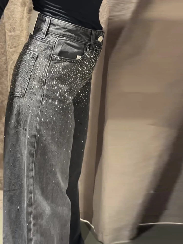 Women's Jeans Midi Waist Loose Sequined Jeans New Female Zipper Hip Package Wide Leg Trousers Denim Pants Fashion Club Partywear