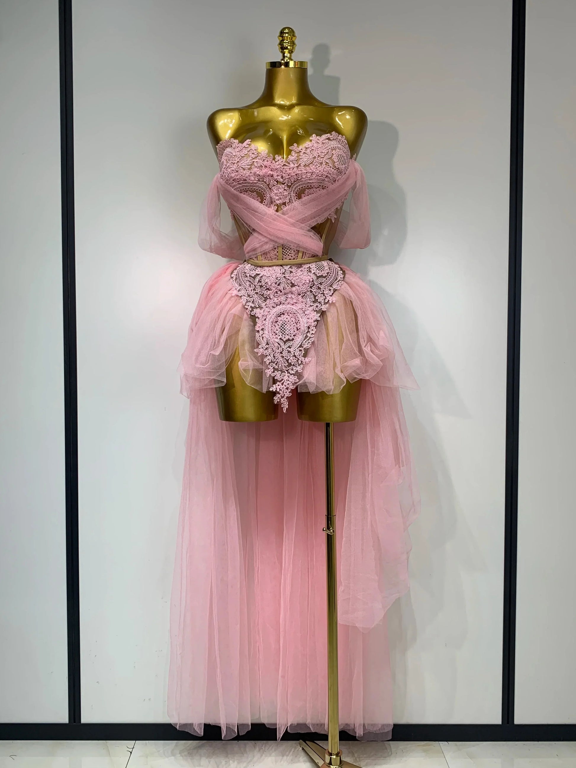 Women Sexy Strapless Pink Mesh Two Pieces Set Prom Gown Celebrate Birthday Nightclub Party Singer Stage Performance Costume Pink