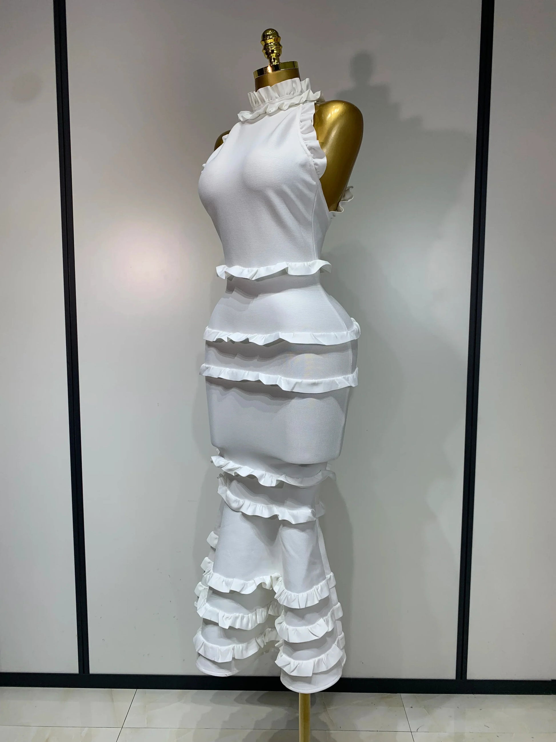 New High quality White Elagant Retro Ruched High Collar Bodycon Bandage Dress Evening Party Fashion Simple Birthday Gown