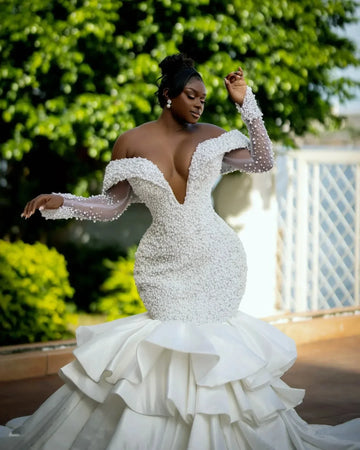 2026 Modern Arabic Dubai Wedding Dress Off the Shoulder Long Sleeves Pearls Ruffles Mermaid  Bride Gowns Vestidos De N