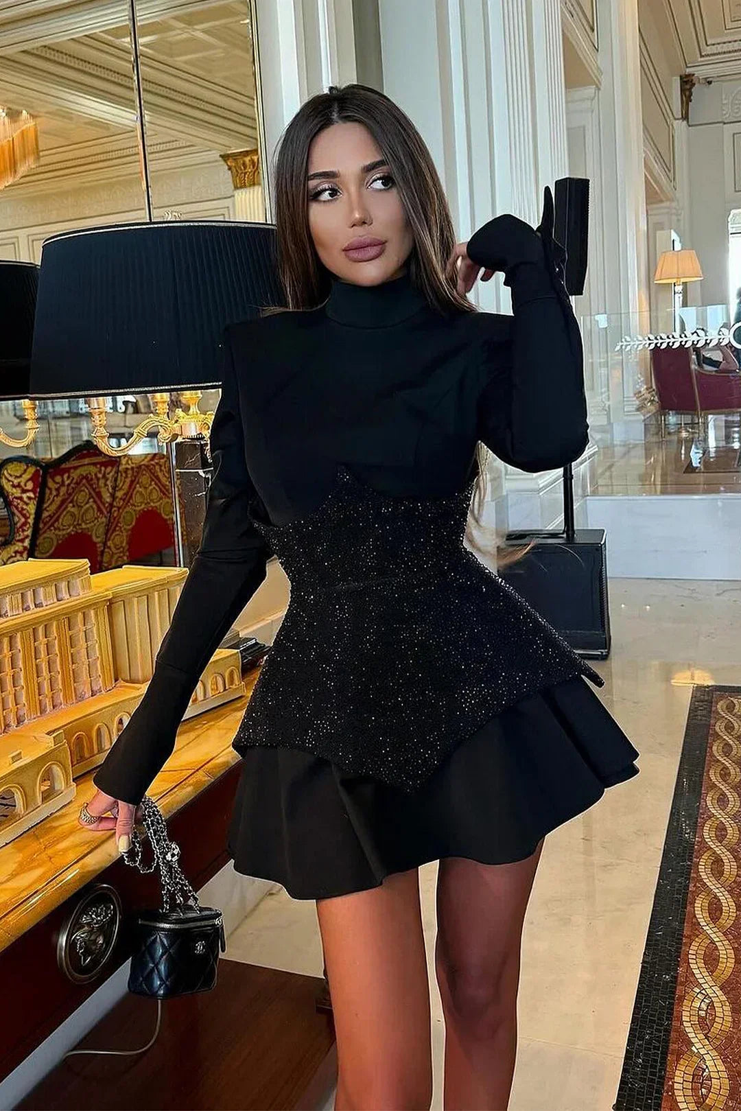 New Arrival Black Red Women Long Sleeve Shinning Rhinestones A-Line Mini Dress Christmas Nightclub Party Celebrate Dress