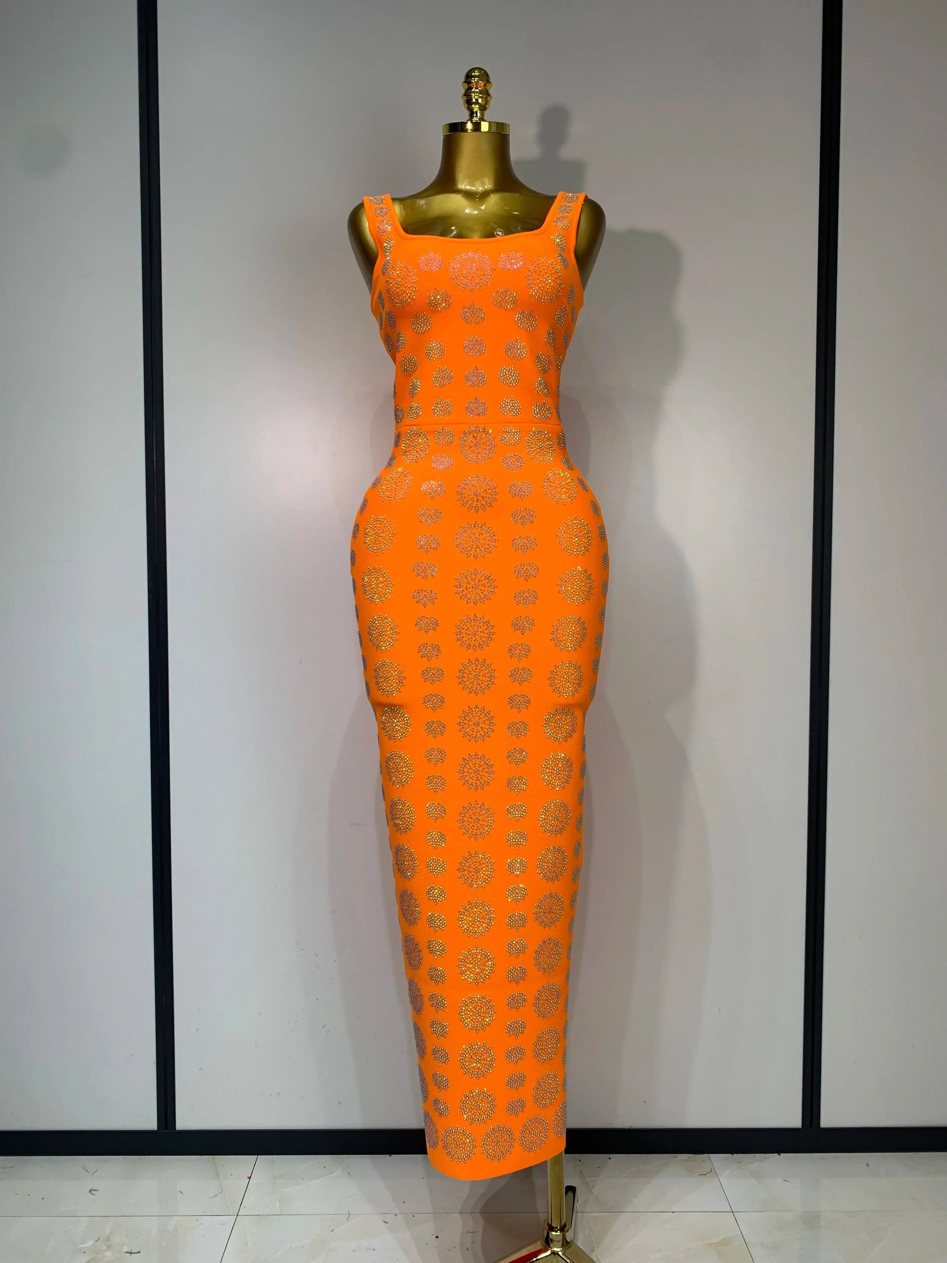 High Qulity Sparkling Diamonds Sleeveless Strech Bandage Dress Elegant Woman Evening Party Wedding Guest Luxury Birthday Dress Orange