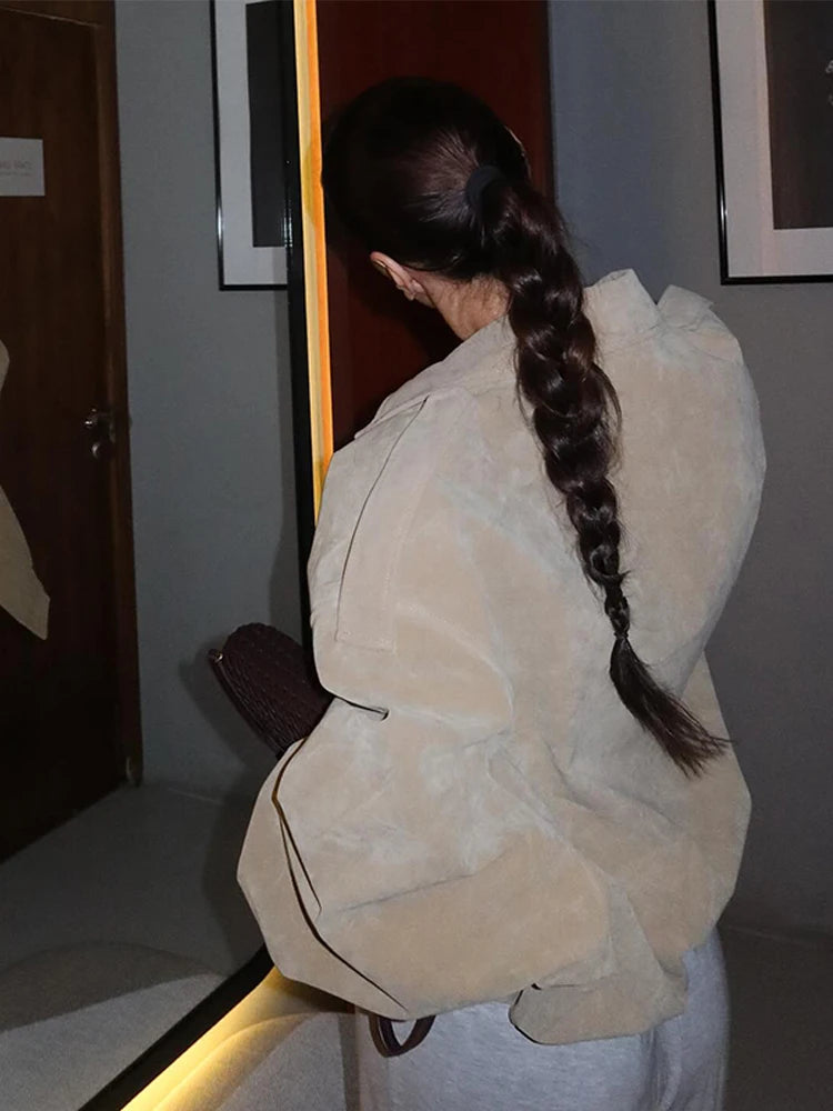 Lapel Pocket Ruched Loose Fitting Jacket Women Street Turn-down Collar Long Sleeve Shoulder Patch Coats New Autumn Chic Lady Top