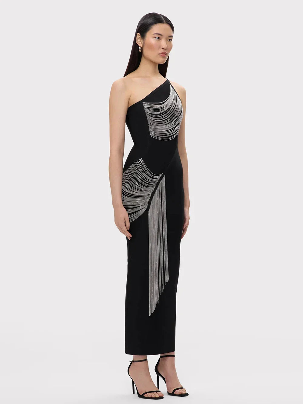 Women Sexy One shoulder Tassels Black Maxi Bodycon Bandage Dress Summer Elegant Cocktail Evening Club Party Gowns