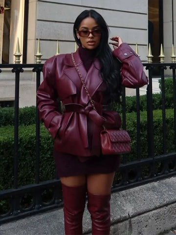 Women's Leather Jacket V-neck Lace Up PU Short Coats Fashion Female Lapel Waist Cinching Club Partywear New Chic Lady Outerwears
