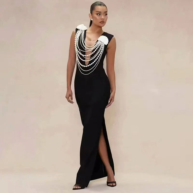New Arrival Women Sexy Sleeveless Pearl Beading Bodycon Bandage Long Dress Celebrate Evening Party Nightclub Outfit Vestido black