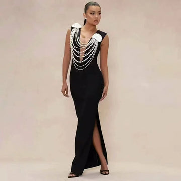 New Arrival Women Sexy Sleeveless Pearl Beading Bodycon Bandage Long Dress Celebrate Evening Party Nightclub Outfit Vestido black