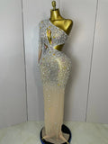 Women Sexy One Shoulder Hollow Out Big Crystal Bodycon Long Dress Celebrate Nightclub Party Bar Singer Birthday Dress