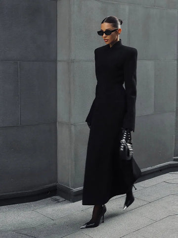 Women's Long Coats Side Placket Waist Cinching Shoulder Pad Woolen Jacket Street Female Lapel Slim Coat New Chic Lady Outerwears