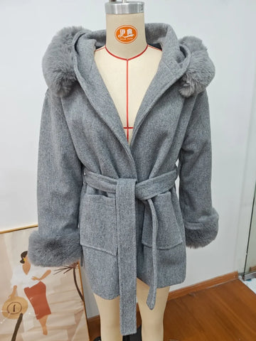 Fringes Patchwork Hoodie Woolen Overcoat Office Lady Chic Autumn Winter Long Sleeve Slim Coat 2025 Fashionable Female Streetwear