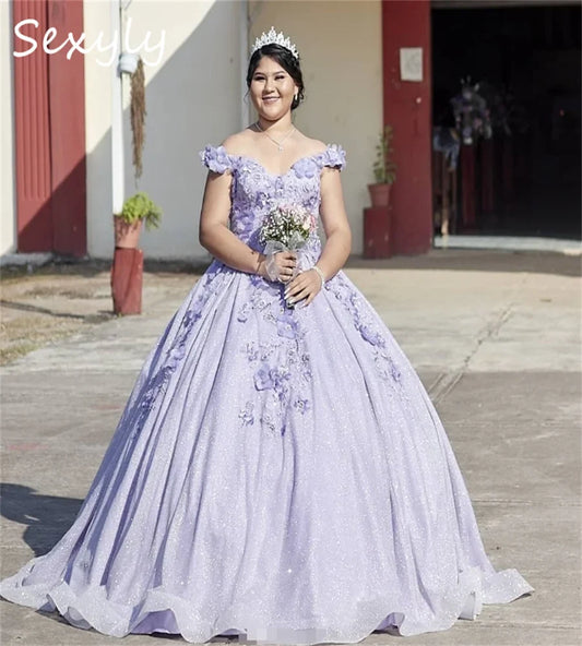 Glitter Lilac Quinceanera Dresses Plus Size 3D Florals Vestido De 15 Años Quinceañera Off Shoulders Sparkly Birthday Customized Pink