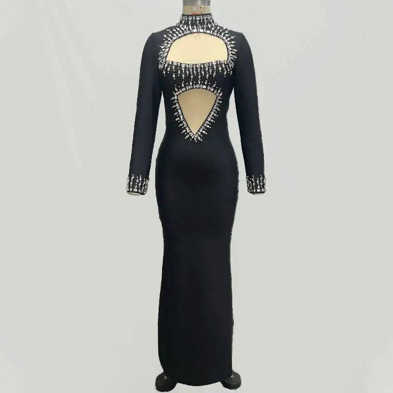 New Winter Style Women Long Sleeve Sexy Mesh Sparkly Crystal Bodycon Long Bandage Dress Fashion Celebrate Evening Party Dress