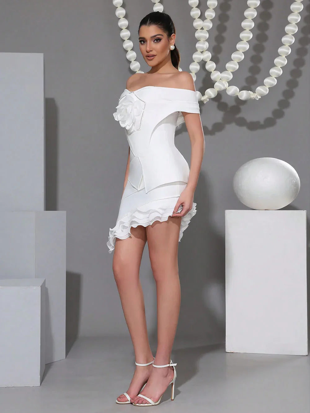 2025 Summer New Women's Black Strapless Diamond 3D Flower Mini Sexy Boutique Celebrity Cocktail Party Bandage Dress