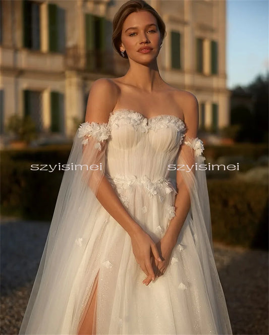 Luxurious Sweetheart With Flowers Bridal Gowns Glitter Split Wedding Dress Sweep Train Evening Gowns vestido de novia para boda