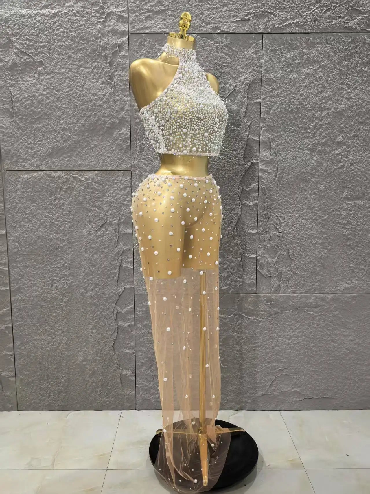 STOCK Fashion Women Sleeveless Sexy Beading Mesh See Through 2 Pieces Bodycon Dress Celebrate Nightclub Party Outfit Vestido