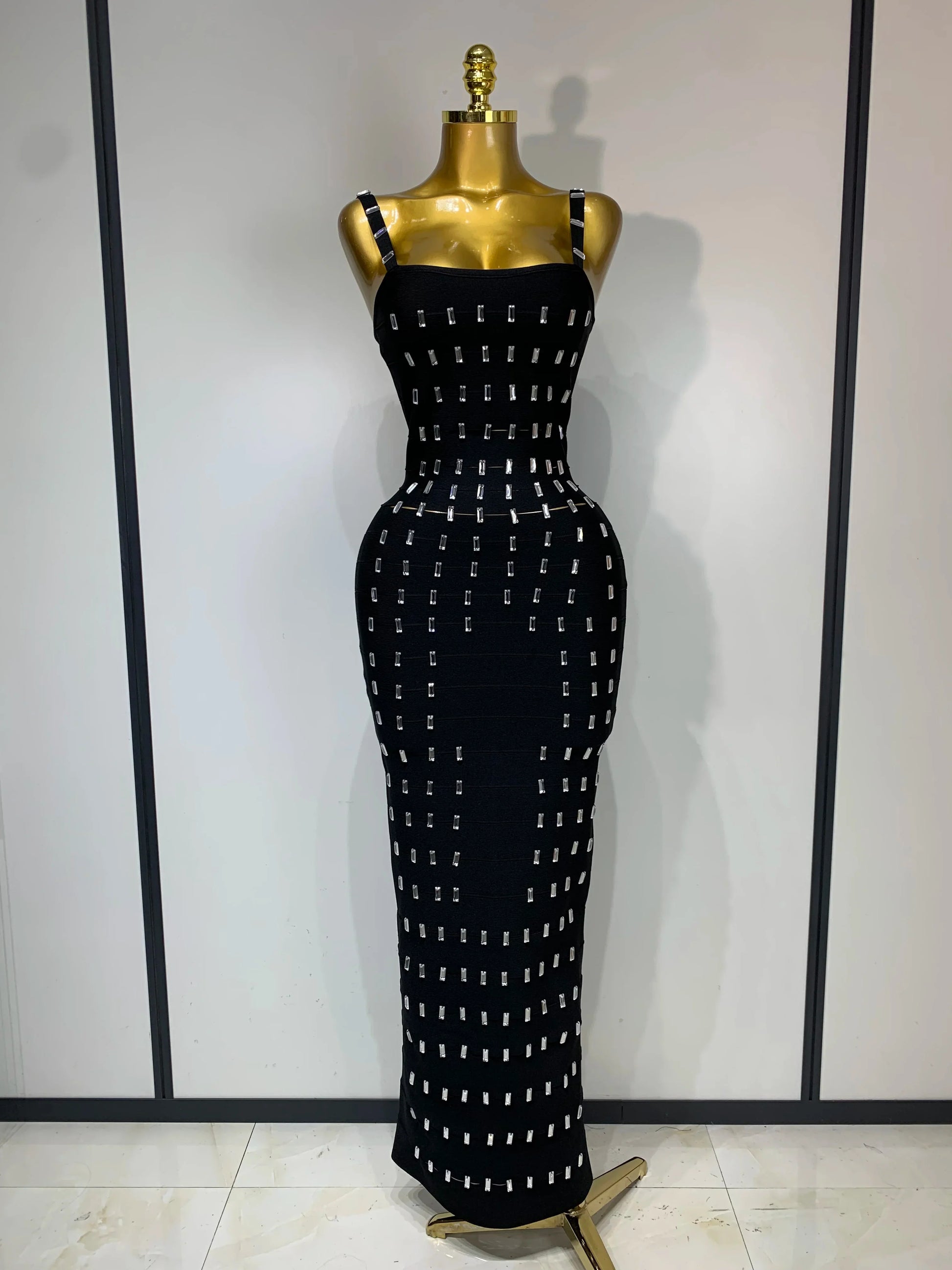 Women's Fashion Sexy Luxury Rhinestone Black Bodycon Bandage Dress Cocktail Evening Party Long Dresses Wedding Guest Gown black