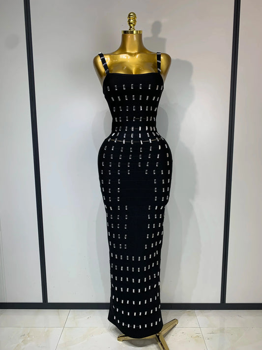 Women's Fashion Sexy Luxury Rhinestone Black Bodycon Bandage Dress Cocktail Evening Party Long Dresses Wedding Guest Gown black