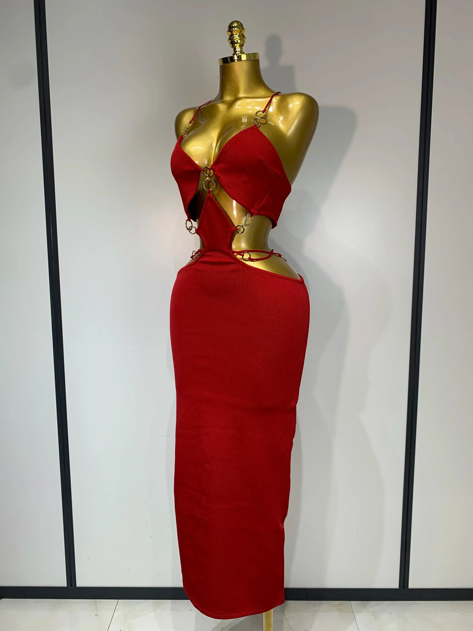 Women Sleeveless Sexy Halter Hollow Out Black Red Bodycon Long Bandage Dress Celebate Elegant Luxury Birthday Club Dress