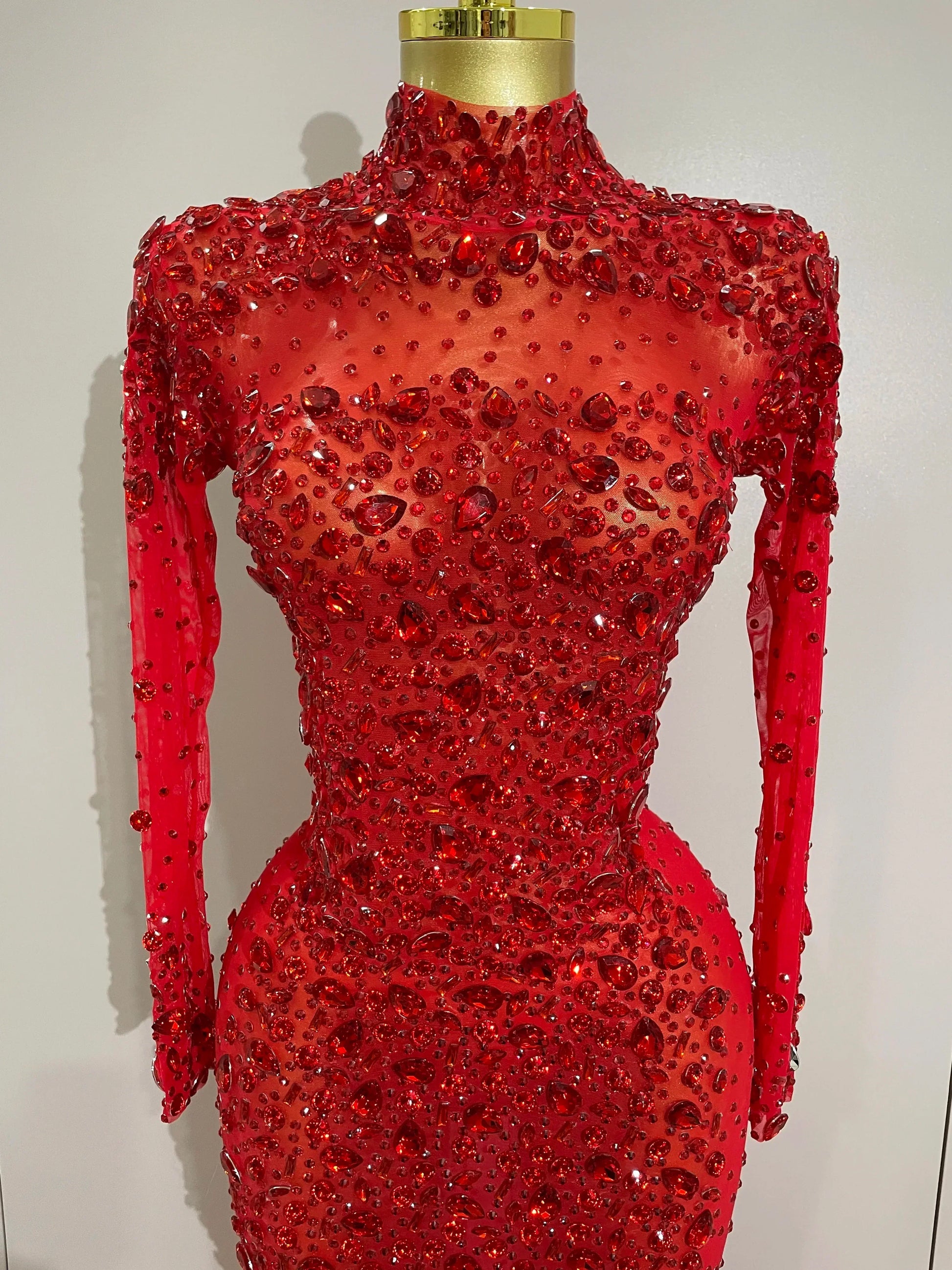 Sparkling Red Crystals Feathers Long Sleeve Mermaid Maxi Dress Women Wedding Celebrate Luxury Birthday Party Prom Gown