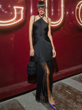 Women Tassel Design Bandage Long Dress Hanging Neck Sleeveless Bodycon Backless Dress Celebrity Evening Club Party Vestidos black