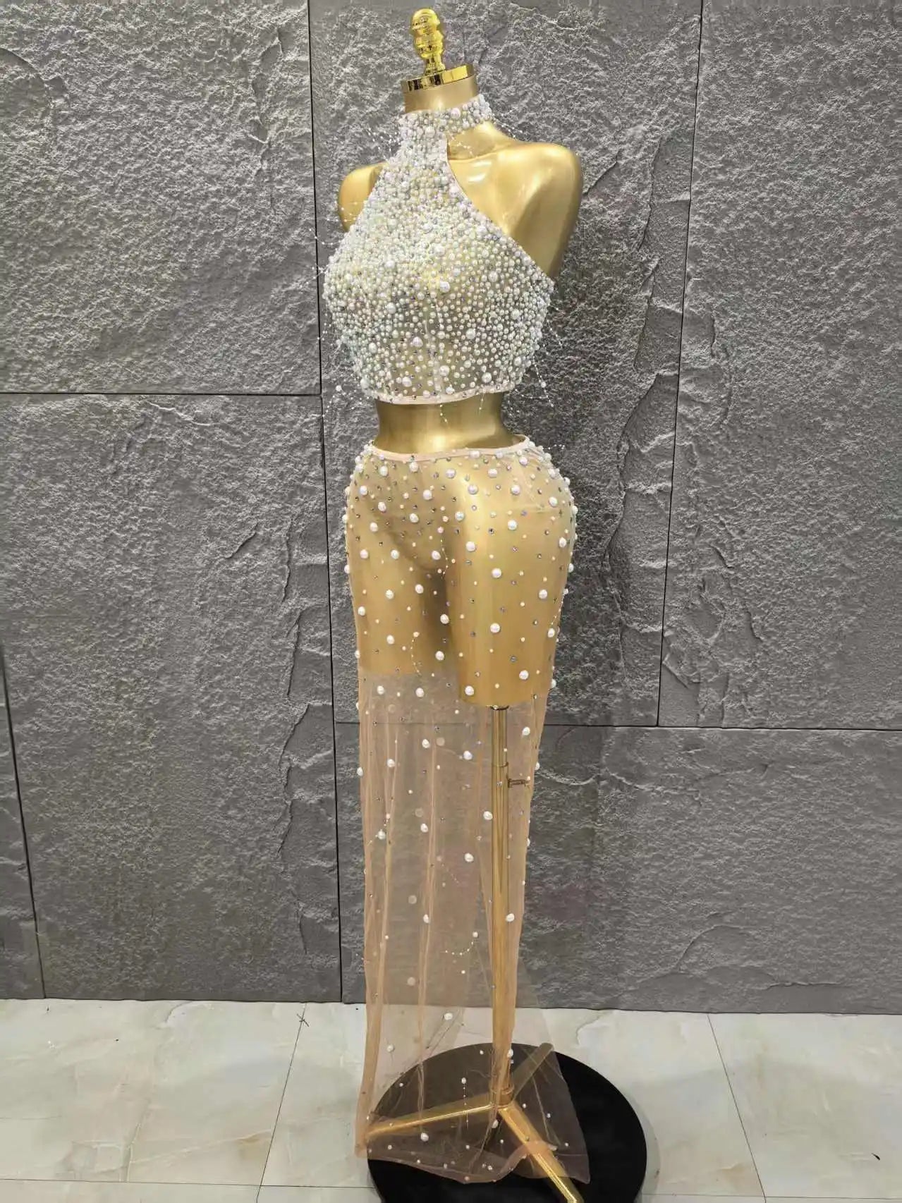 STOCK Fashion Women Sleeveless Sexy Beading Mesh See Through 2 Pieces Bodycon Dress Celebrate Nightclub Party Outfit Vestido