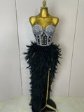 Women Sexy Sparkly Rhinestone Mesh Feather Long Dress Elegant Evening Party Celebrate Birthday Performance Costume black