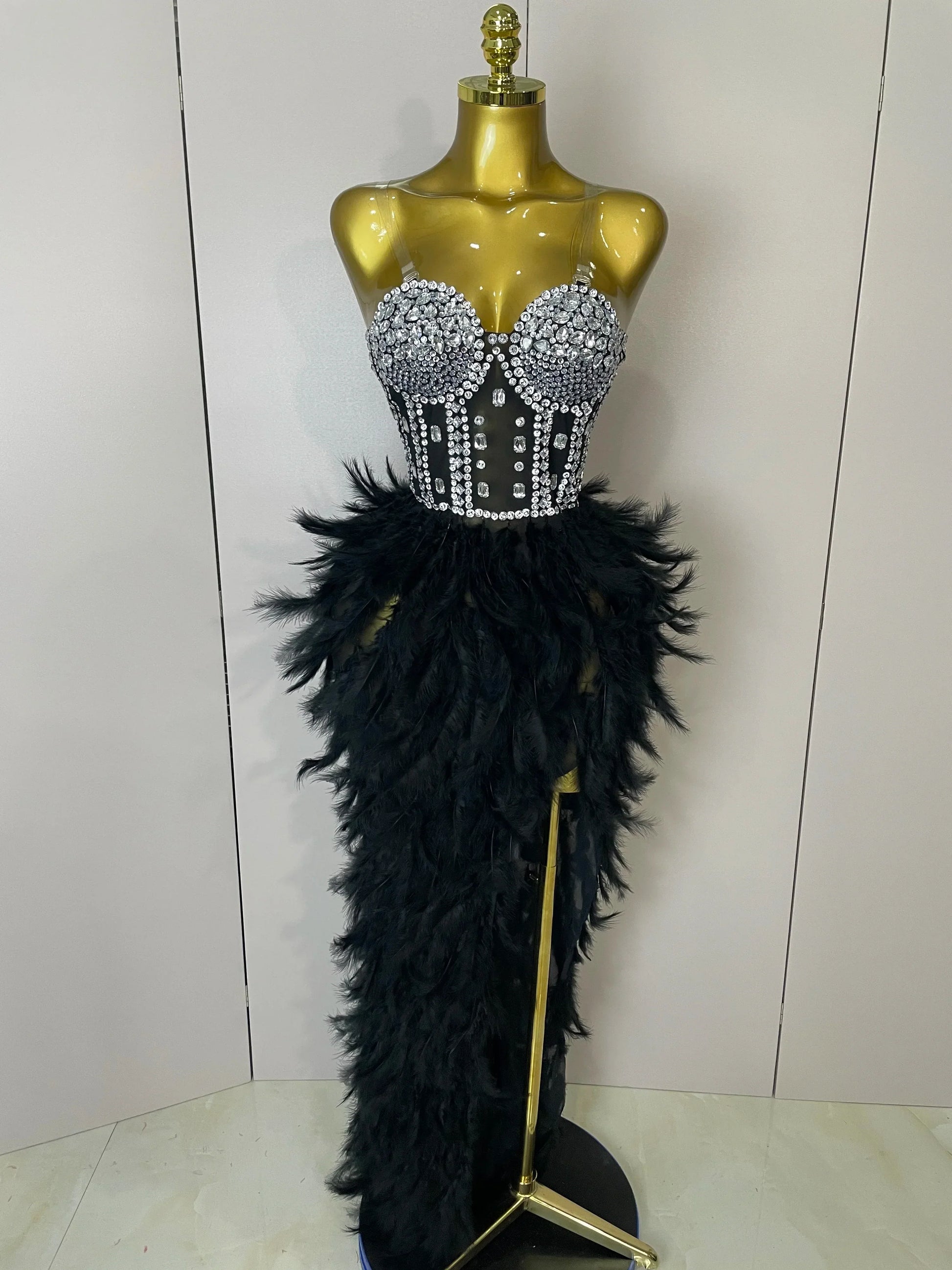 Women Sexy Sparkly Rhinestone Mesh Feather Long Dress Elegant Evening Party Celebrate Birthday Performance Costume black