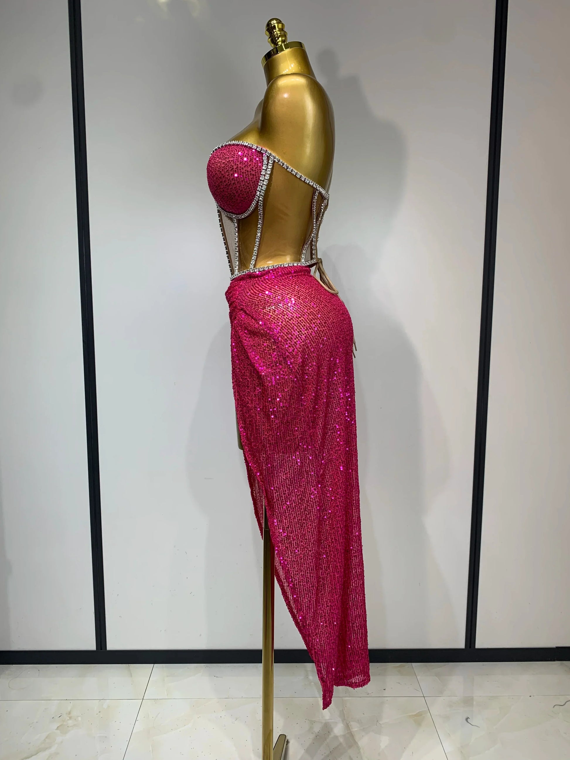 Women Sparkly Rhinestones Sequins Sexy Mesh Two Piece Set Evening Birthday Party Dress Nightclub Stage Performance Costumes