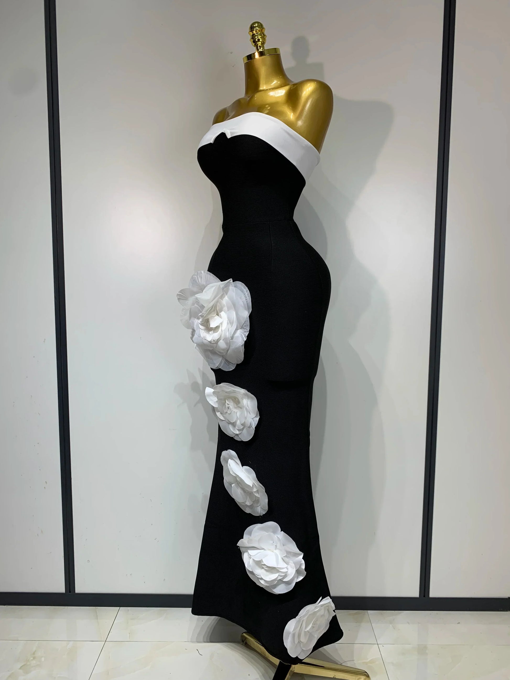 Women Sexy Strapless Backless Flower Maxi Long Bandage Dress Knitted Celebrity Elegant Evening Club Party Birthday Dresses