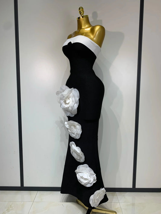 Women Sexy Strapless Backless Flower Maxi Long Bandage Dress Knitted Celebrity Elegant Evening Club Party Birthday Dresses