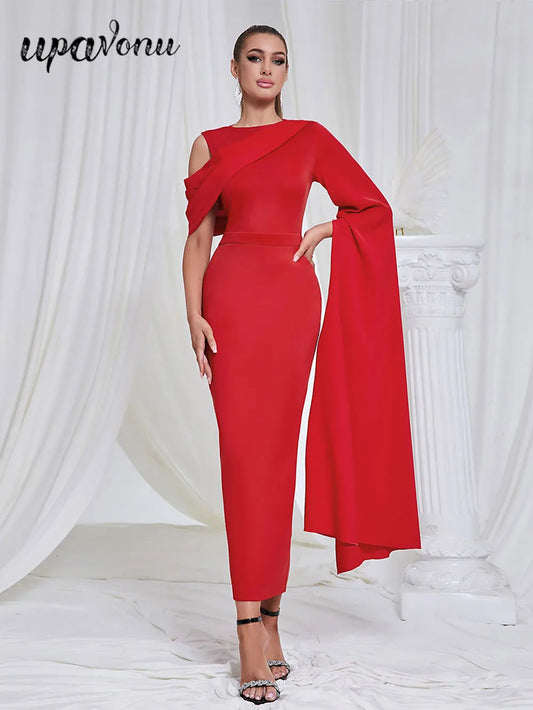 2024 Chic and Elegant Women's Red Dress O-neck Single Shoulder Oversized Trumpet Sleeve Bodycon Long Dress Evening Party Vestido