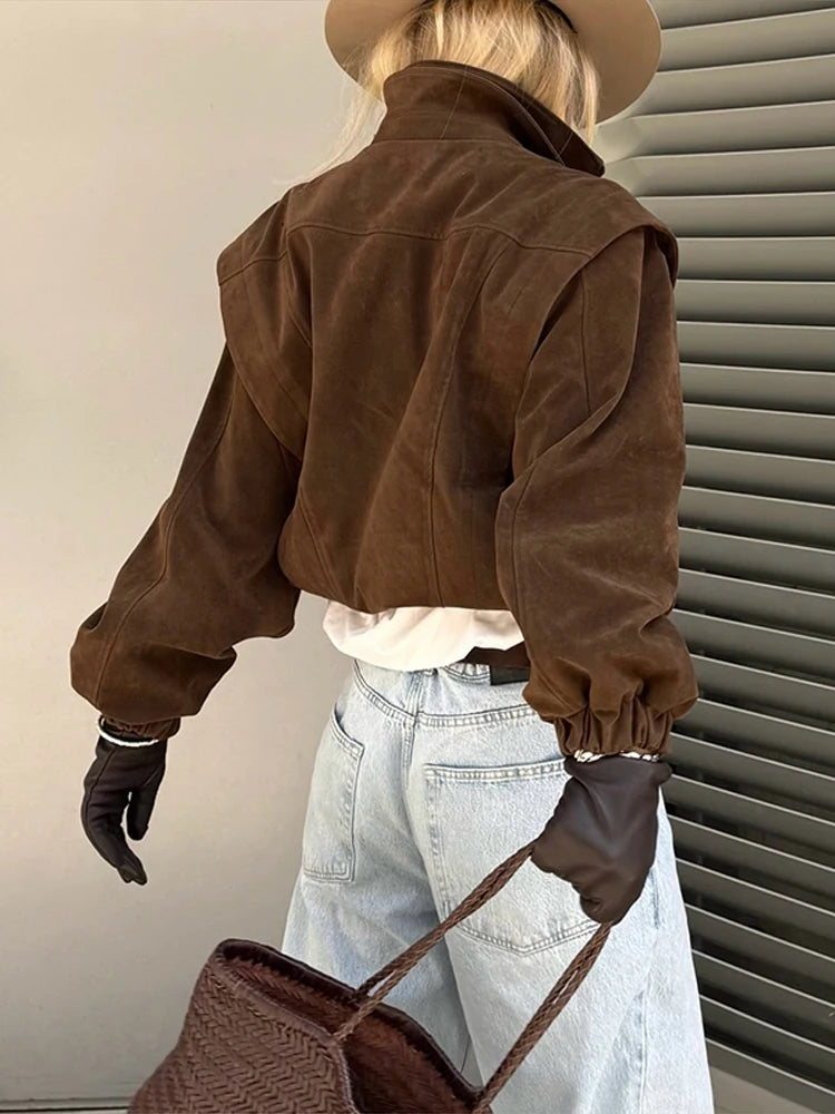 Locomotive Lapel Suede Jacket Women Lantern Long Sleeve Loose Fitting Patchwork Pilot Coats New Early Autumn Cool Girl Outerwear