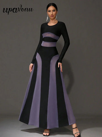 2025 Sexy Women Purple Mesh Patchwork Bandage Dress O-Neck Long Sleeved Slim Fit Pleated Long Dress Evening Club Party Vestido