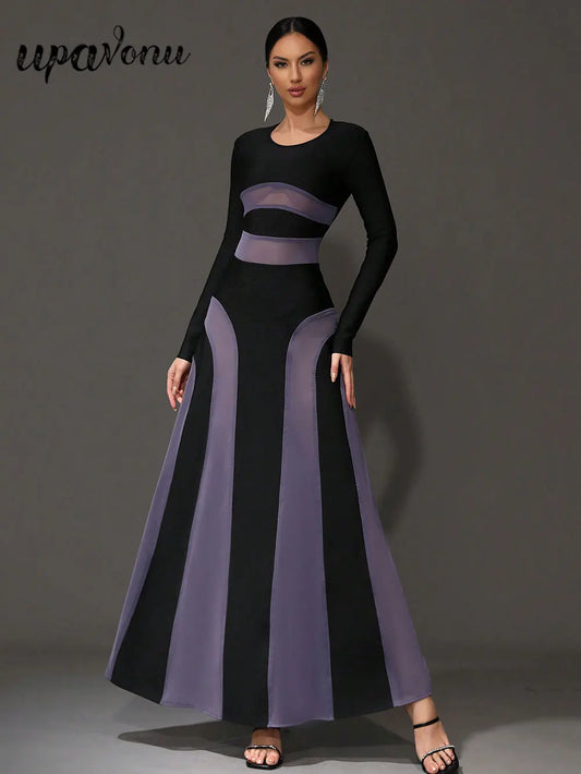 2025 Sexy Women Purple Mesh Patchwork Bandage Dress O-Neck Long Sleeved Slim Fit Pleated Long Dress Evening Club Party Vestido