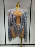 Women Sexy Transparent Long Sleeve Bodycon Dress Two Piece Set Luxury Sequin Fringes Evening Party Celebrity Performance Costume Silver