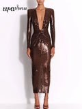 2024 Sexy Women'S Light Luxury Dark Brown Sequined Dress Deep V-Neck Long Sleeved Bodycon Draped Midi Dresses Christmas Vestidos