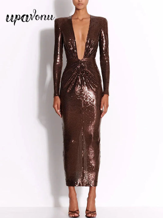 2024 Sexy Women'S Light Luxury Dark Brown Sequined Dress Deep V-Neck Long Sleeved Bodycon Draped Midi Dresses Christmas Vestidos