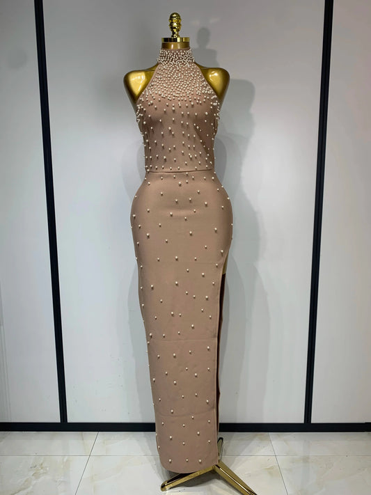 Women Sexy Pearl Maxi Long Bandage Dress Luxury Birthday Dresses Celebrity Elegant Evening Club Party Knitted Bodycon Clothing Khaki