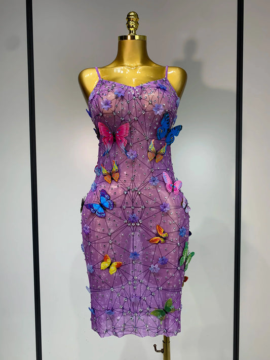 Sparkly Women Sexy Mesh See Through Dress New Arrival Butterfly Purple Celebrity Luxury Birthday Nightclub Stage Outfit PURPLE